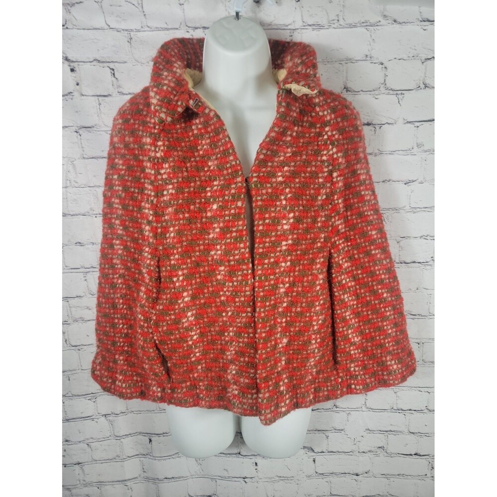 Vintage Heavy Wool Poncho Cape Satin Lined 1960s Green Orange White One Size